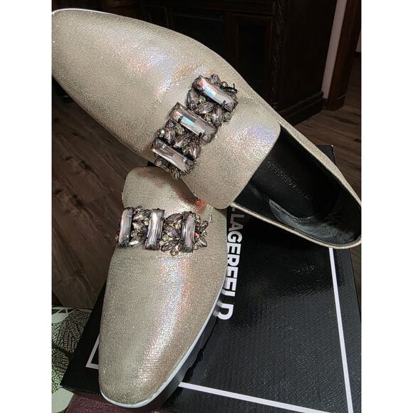 Karl Lagerfeld Paris Bri Loafer Flats Slip On Shoes Cream Rhinestone Womens 10 M - Picture 6 of 16